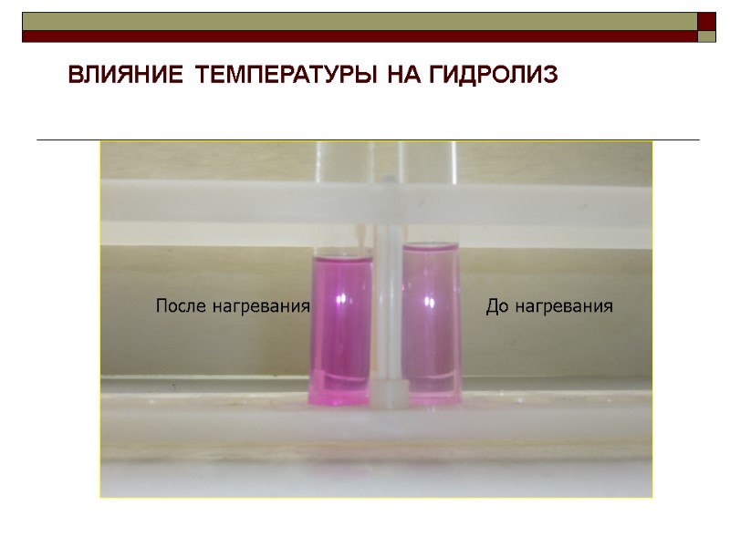 ВЛИЯНИЕ ТЕМПЕРАТУРЫ НА ГИДРОЛИЗ Цвет индикатора фенолфталеин в растворе ацетата натрия До нагревания После